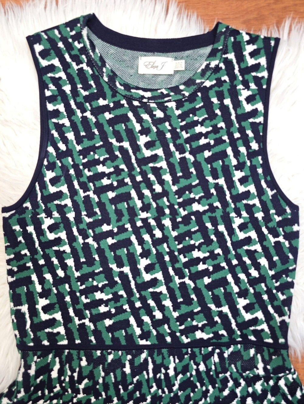 Eliza J Green- Navy Sleeveless Geometric Knit Fit & Flare Sweater  Dress Sz.PL - Picture 3 of 16